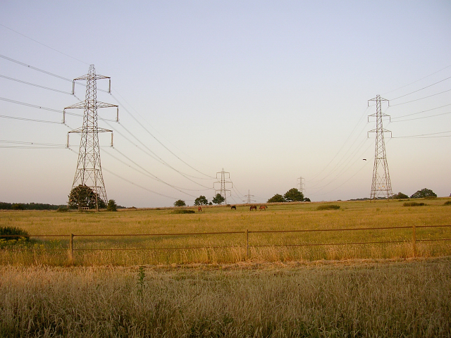 High-voltage power lines and pylons carrying residential electricity near Springfield, Illinois